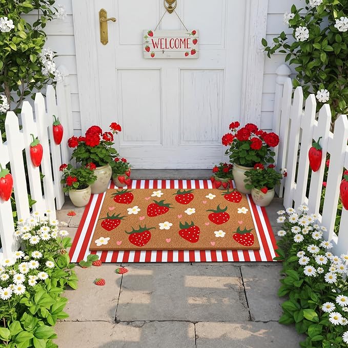 Tinideya 2 Pcs Strawberry Door Mat Summer Welcome Non Slip Coir Fruit Pattern Mats Floor Layering Red and White Stripe Doormats Seasonal for Front Porch Entryway Decor(Strawberry)