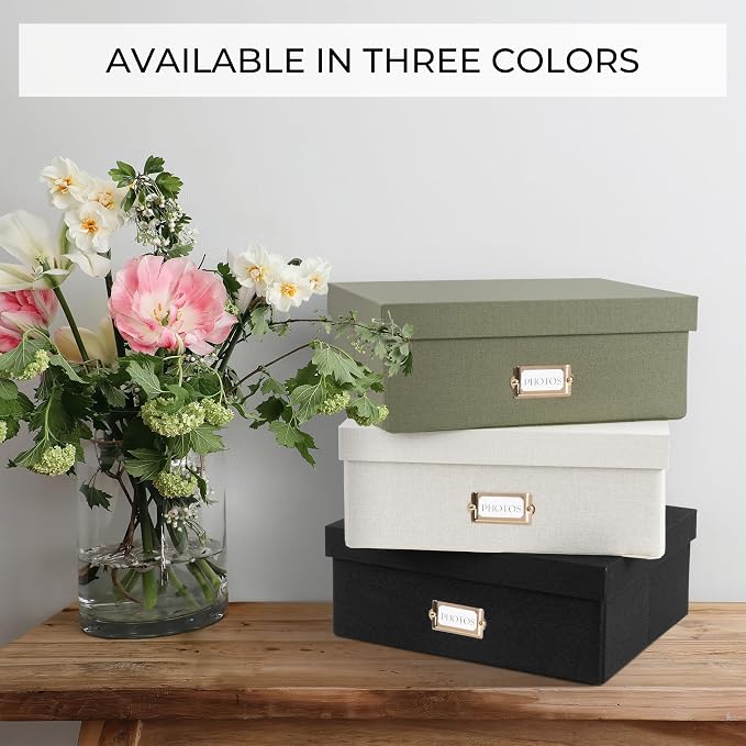 ZICOTO Decorative Photo Storage Box - Sturdy Linen Photo Organizer with Dividers is Perfect to Store Up to 1700 Pictures and 4x6 Photos - Portable Scrapbook Storage Containers with Lid