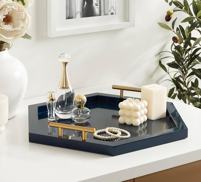 Kate and Laurel Halsey Decorative Hexagon Tray with Gold Metal Handles; 18 x 16; Navy Blue and Gold; Modern Glam Serving Tray with Handles for Living Room Decor
