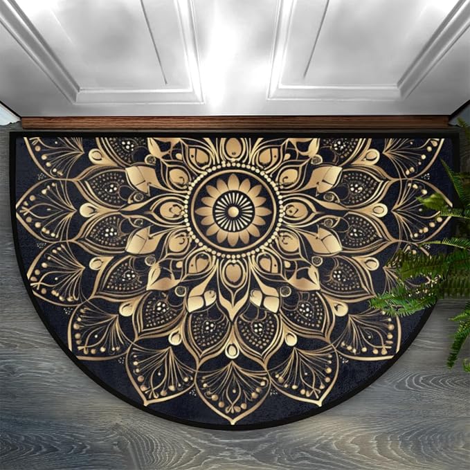 Half Round Doormat Mandala Ethnic Florals Non Slip Half Circle Area Rugs Indoor Washable Half Moon Rug Semi Circle Bathroom Runner Mat Entrance Floor Carpet for Kithen Bedroom Fireplace Decor