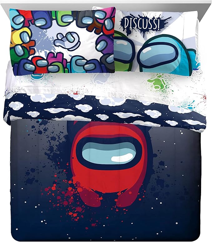 Among Us Queen Comforter Set 5 Piece Kids Video Game Bedding, Multi | Bed in a Bag, Comforter Sheets Pillowcases, Official Product, Soft Microfiber, Machine Washable, Easy Care, Kids Gift