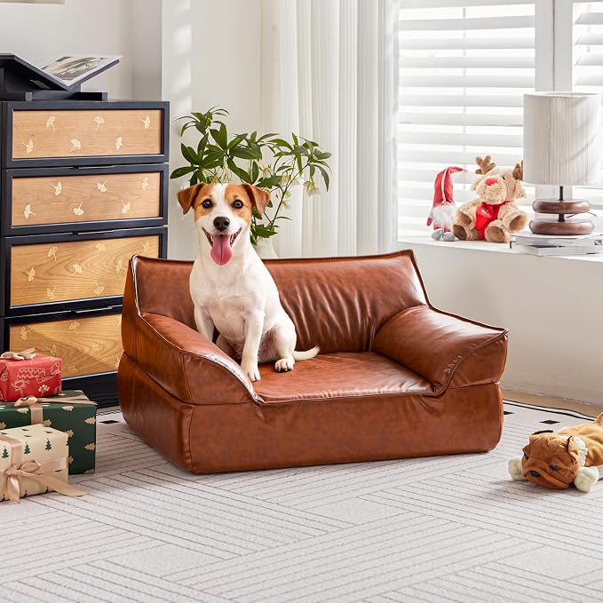 Dog Couch Bed Leather Cat Sofa for Small and Medium Pets Under 50 lbs, Brown Mid Century Modern Elevated Dog Sofa Chair Luxurious Indoor Furniture Style Pet Supplies for Puppy