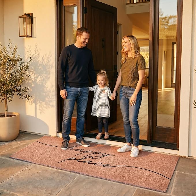 Happy Place Extra Long Doormat for Double Door Entrance, 24x59 Inch | Large Heavy Duty Front Porch Rug with Non Slip PVC Backing, Oversized Decorative Door Mat for Indoor Outdoor Entryway