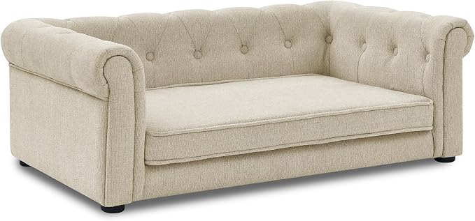 38.9" Upholstery Elevated Dog Sofa with Button‑Tufted Backrest & Rolled Armrests, Pet Couch Bed with Removable Soft Cushion, Comfy Modern Deep Seat Raised Dog Bed for Living Room, Bedroom, Beige