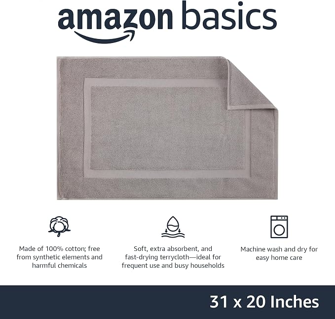 Amazon Basics Banded Bathroom Bath Rug Mat, Machine Washable, 100% Cotton, 31" x 20", Powder Gray (Pack of 2)