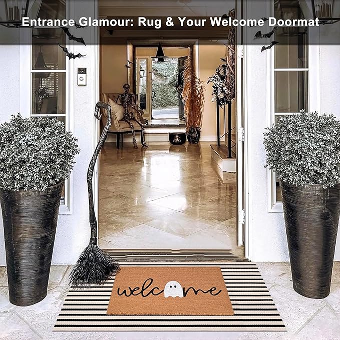 Black and White Striped Rugs, 28x43 Inches Outdoor Front Porch Doormat Cotton Hand-Woven Farmhouse Layered Door Mats for Front Porch, Patio, Entryway, Laundry Room