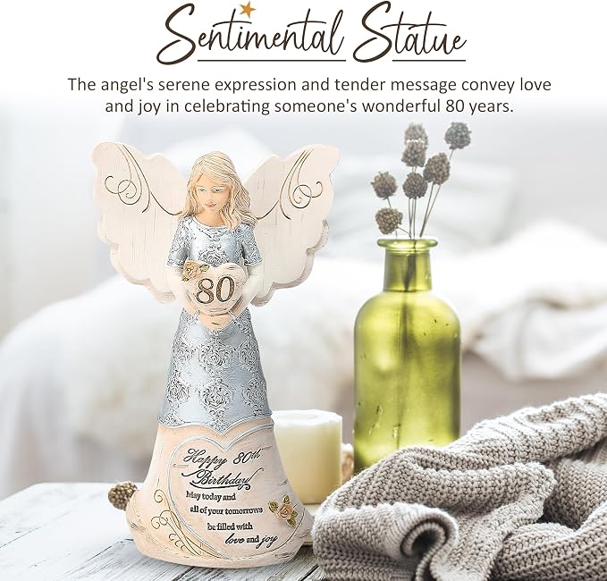 Pavilion 'Happy 80th Birthday' 82475 Elements Angels - Polyresin Birthday Angel Figurine - Silver Hand-Painted Remembrance and Keepsake Gift Angel for Grandmothers, Mothers, Aunts, Friends, Women