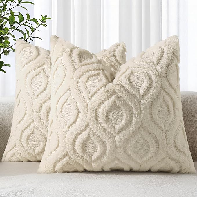 decorUhome Throw Pillow Covers 26x26 Inch Set of 2, Soft Plush Faux Wool Beige Solid Couch Pillow Covers, Accent Euro Sham Farmhouse Neutral Square Pillow Cases for Sofa Bed Living Room