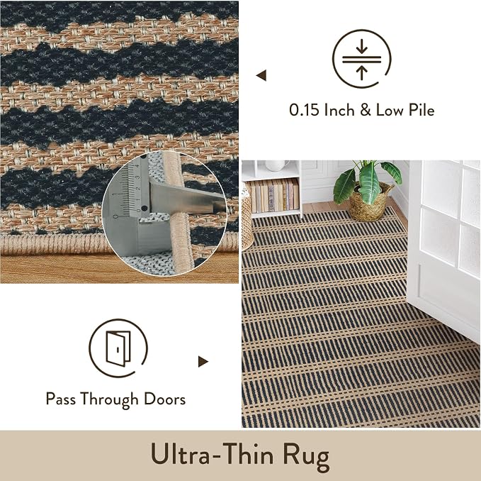 LIVEBOX Striped Easy Jute 5x7 Outdoor Rug, Black Washable Rugs for Patio Living Room, Indoor Outdoor Non Slip Area Rug for Bedroom, Farmhouse Neutral Carpet Floor Mat for Dining Room Backyard Deck