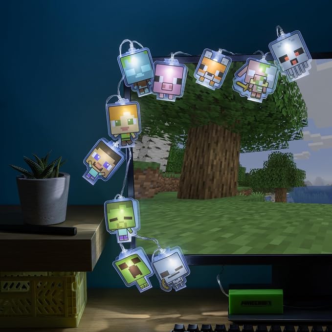 Paladone Minecraft String Lights with 10 LED Characters Including Creeper, Steve, Piglin and More, Officially Licensed Battery Powered Bedroom Décor for Boys, Girls, Teenagers, Kids, Gift for Gamers