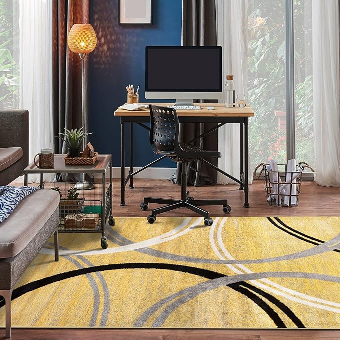 Rugshop Wavy Circles Non-Shedding Living Room Area Rug Yellow 3'3" x 5' | Rectangular, Size 3'3" x 5', Bedroom, Dining Room, Home Office, Kitchen, Entryway, Hallway, Nursery, Kids Room, Guest Room