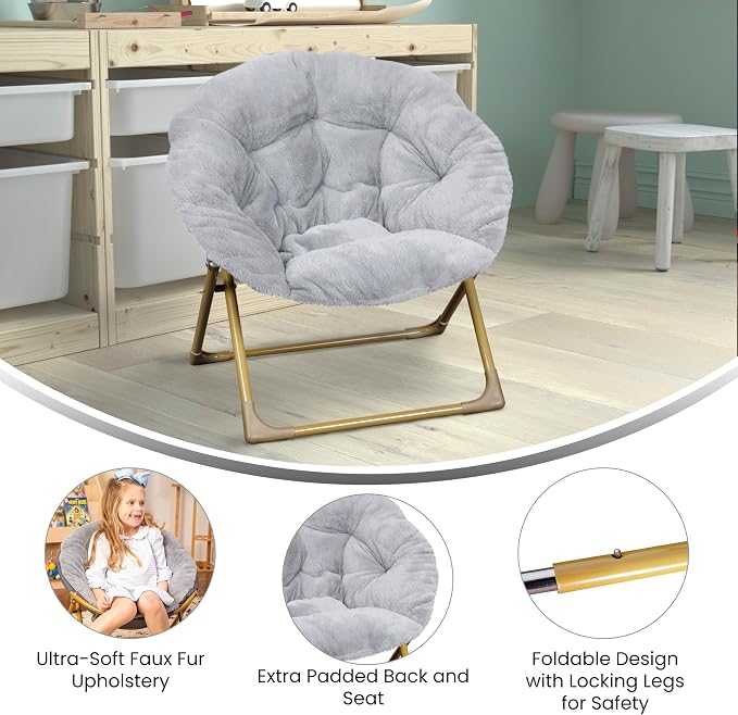 Flash Furniture Kids 23 Inch Folding Saucer Chair, Gray | Soft Gold Frame, Portable