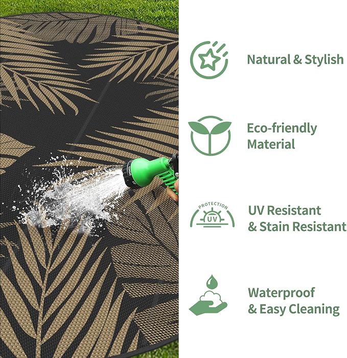 GENIMO Outdoor Rug, Waterproof Plastic Rugs for Patio, 8' Round Black Brown | Outside Larger Leaf Carpet Mat for Deck Decor, Porch, Balcony, Backyard, Camping, Picnic, Beach, RV, Reversible, Foldable