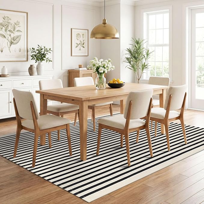 KILOCOCO Beige Striped Rug 5x7 Area Rugs for Living Room Washable Porch Rug | Machine Washable Front Door Rug, Cotton Outdoor Rugs, Low Pile Bedroom Rug, Woven Layered Rugs for Patio Dining Room