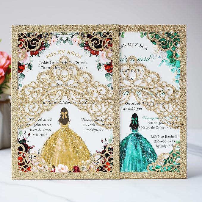 Hosmsua 50PCS Blank Gold Glitter Quinceanera Invitations with Envelopes, 5.1x7.3 Inch Laser Cut Floral Crown Pocket Invitation Cards for Quinceanera Birthday Quince Anos Invite