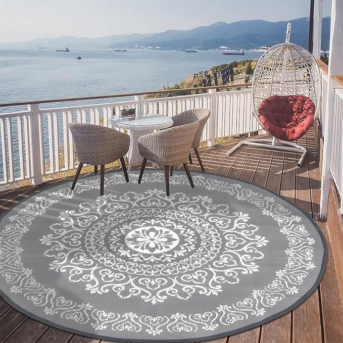 Pauwer Outdoor Rug 6ft, Waterproof Plastic Straw Camping Rug, Floral Grey | Reversible Patio Rug, UV Resistant Indoor Outdoor RV Mat Carpet For Deck, Camper, Porch, Balcony, Backyard, Picnic, Foldable