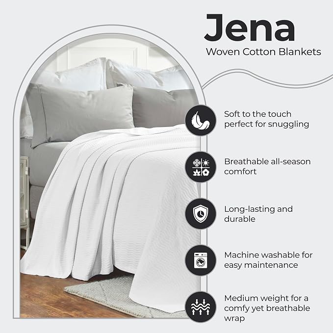 Superior JENA Cotton Blanket, for Picnic, Beach, Traveling or Camping, Bedroom Decor, Essentials, Cover for Bed, Couch, Lounging, Textured Jacquard, Modern Chevron Woven Blanket, Twin, White
