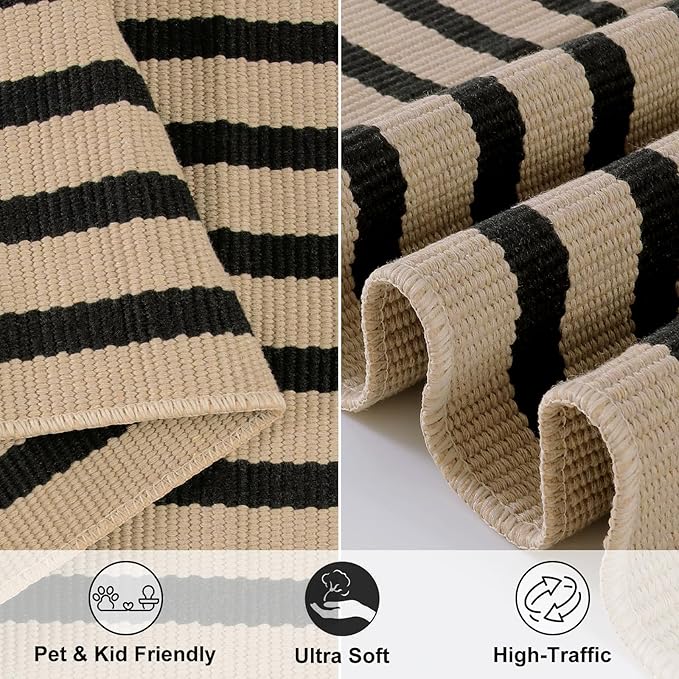 LEEVAN Black and White Front Door Rug 2.3x3.6, Striped Outdoor Rug Washable Welcome Layered Door Mats, Woven Front Porch Decor Indoor Entrancet Dooramts