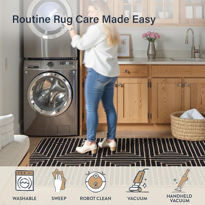 Lahome Maze Lines Washable Kitchen Runner Rug, 2x8 Black Outdoor Runner Rug | Low Pile Non Slip Non Shedding Easy Jute Carpet for Hallway Entryway