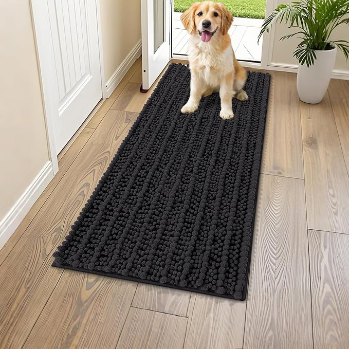 Smiry Dog Door Mat for Muddy Paws 47x20, Absorbent Dirt Trapper, Non-Slip Washable Chenille Entryway Rug for Inside Floor, Black, Layered Pattern