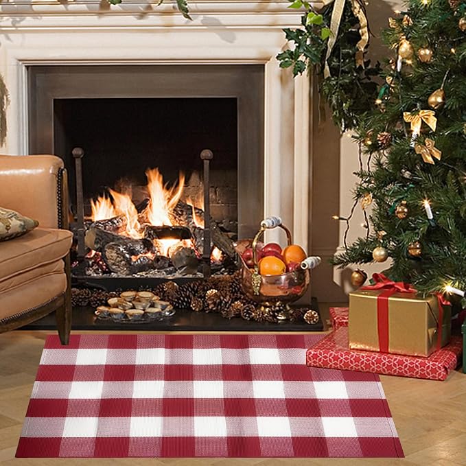 27.5"x43" Outdoor Rug, Red and White Front Door Mat, Cotton Woven Entryway Rug, Washable Layering Rug for Front Porch Christmas Outdoor Decor