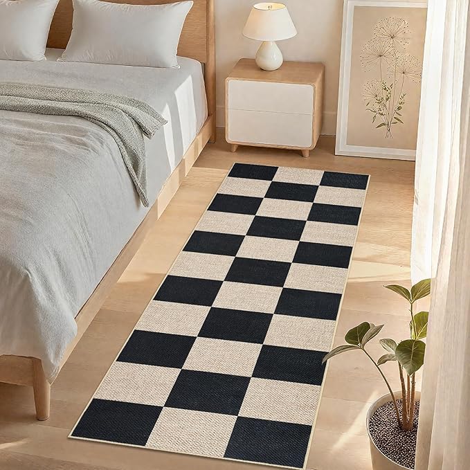 COZYLOOM Checkered Area Rug 2x8 Runner Rug for Hallway Non Slip Stain Resistant Rugs for Kitchen Modern Geometric Non Shedding Low Pile Door Mats for Bathroom, Bedroom, Entryway, Laundry Room, Black