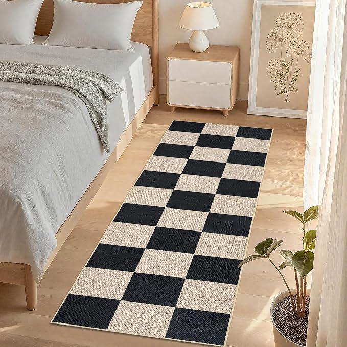 GarveeHome Easy Jute Rugs 2x8 Checkered Kitchen Runner Rugs Non Skid Washable Stain Resistant Indoor Outdoor Rugs for Living Room, Bedroom, Dining, Patio - Farmhouse Style Black