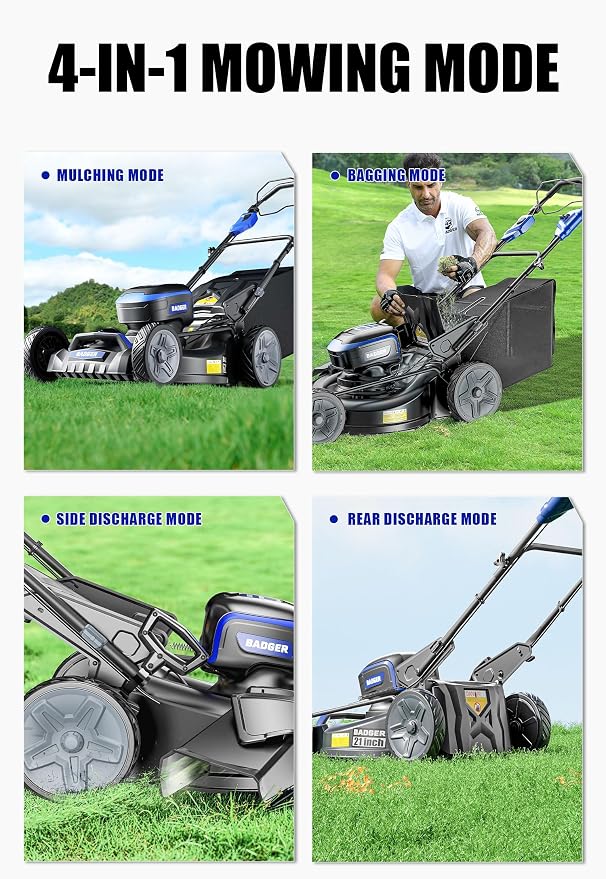 Wild Badger Power 40V 21-in Cordless Self-Propelled Lawn Mower, 2 Batteries | 21-in brushless self-propelled mower for larger lawns; 7 cut heights, 4-in-1 clippings and two 40V 4.0Ah batteries.