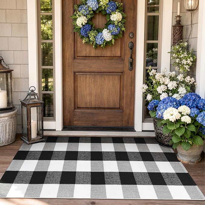 KIMODE Buffalo Plaid Outdoor Rug Runner Doormat 24'' x 51", Black/White Cotton Woven Checkered Fall Farmhouse Porch Rugs, Washable Indoor Door Mat for Front Layered Kitchen Bathroom Laundry Room