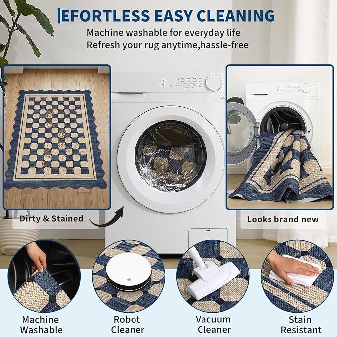 Garvee Easy Jute Checkered 8x10 Area Rug, Washable Scalloped Outdoor Rug for Patio Non-Slip Rugs for Living Room, Neutral Farmhouse Floor Carpet for Bedroom Dining Room Classroom 8'x10' Navy
