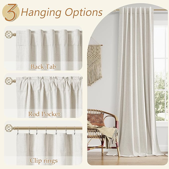 Guken Boho 100% Blackout Curtains 108 Inch Long for Living Room Bedroom Back Tab Thermal Insulated Noise Reducing Black Out Linen Drapes Room Darkening Window Curtain 2 Panels Set, 9 FT