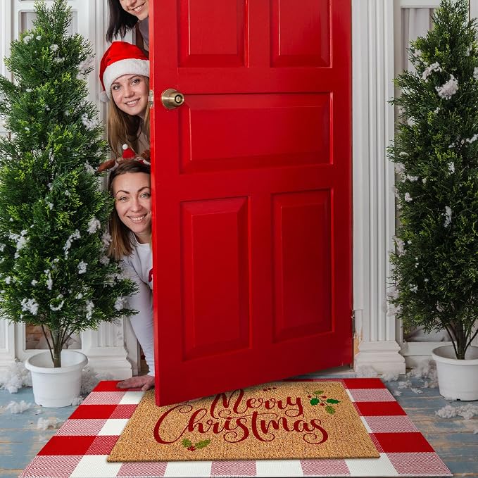 Moucuny 2 Christmas Outdoor Mat, Non Slip | Merry Christmas Welcome Coir Door Outdoor Red White Plaid Rug Front Door Porch Entryway Decor,24'' X 35'',16'' X 28''