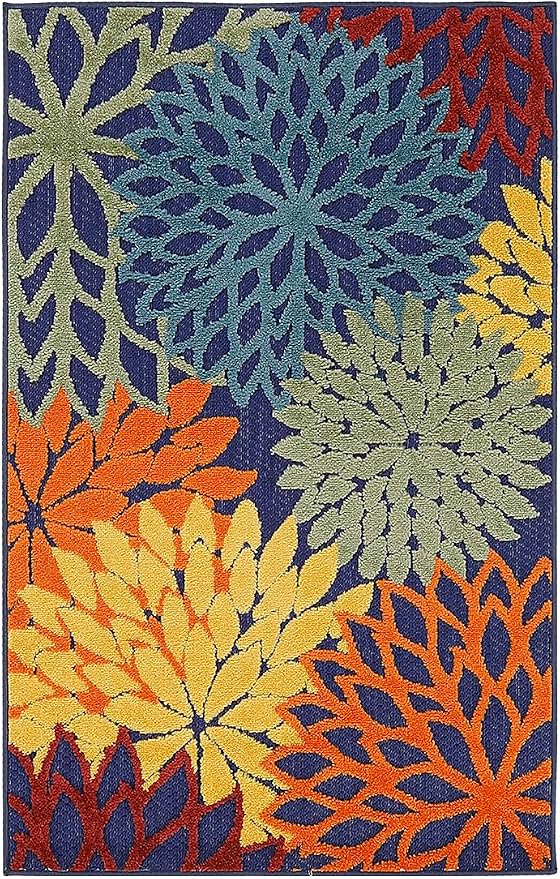 Nourison Home Aloha Indoor-Outdoor Navy Multicolor 2'8" x 4' Area Rug, Easy Cleaning, Non Shedding, Bed Room, Living Room, Dining Room, Backyard, Deck, Patio (3x4)