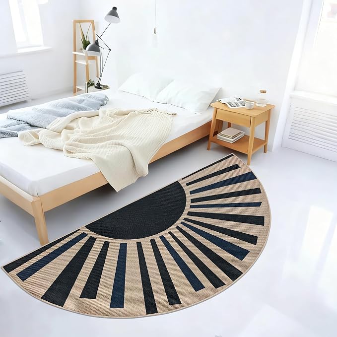 Easy Jute Sun Rug 3x6Ft Half Circle Sunshine Doormat Neutral Faux Jute Indoor Outdoor Carpet for Farmhouse Bedroom Entrance Balcony Kitchen Laundry Room, Nonslip, Half Round, Black/Blue 4