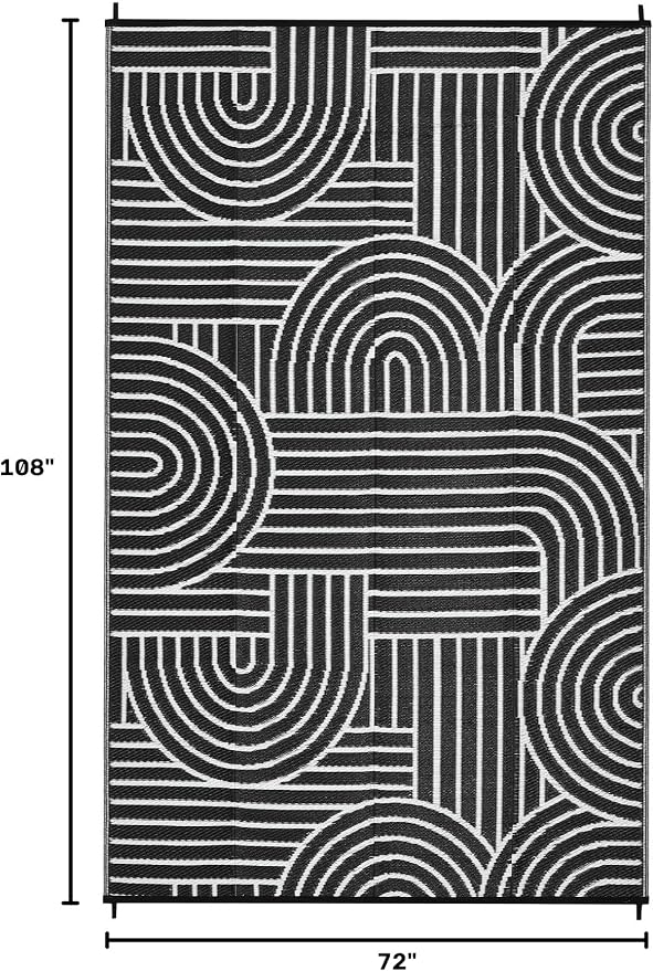 Garvee Reversible Rainbow Outdoor Rug 6x9, Waterproof Outdoor Plastic Straw Rug, RV Mat for Picnics, Patio, Camping, Balcony, Deck, Backyard, Porch, Black