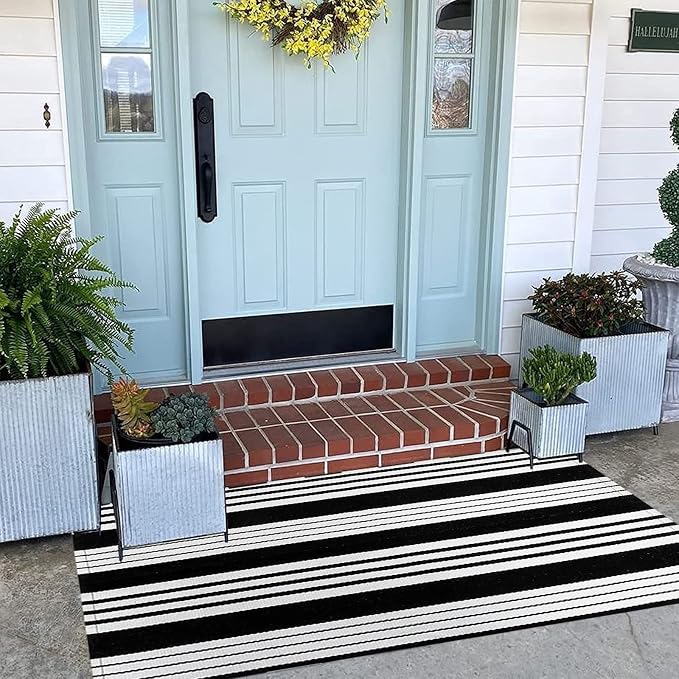 Striped Outdoor Rug 24'' x 51''Black and White Front Porch Mat, Cotton Washable Woven Layered Doormats for Entryway Bedroom