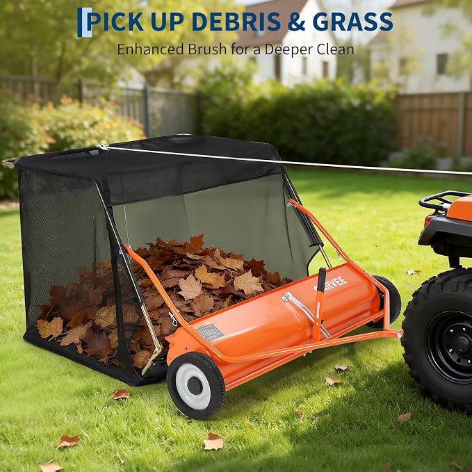 Garvee 44" Lawn Sweeper Tow Behind, Pull Behind Grass Sweeper, Orange
