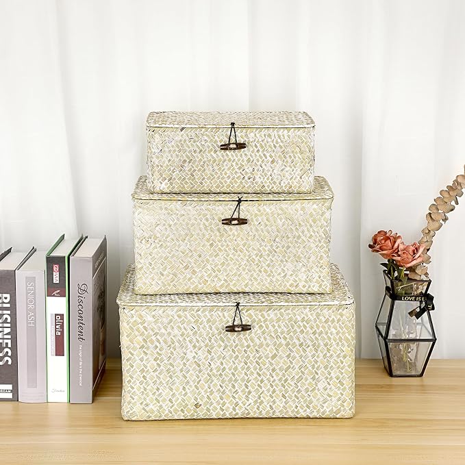 Hipiwe Seagrass Storage Basket Bins with Lid Handwoven Wicker Shelf Baskets | Rectangular Basket Household Organizer Boxes for Shelf Closet Bedroom Home Decor, Whitewash Medium