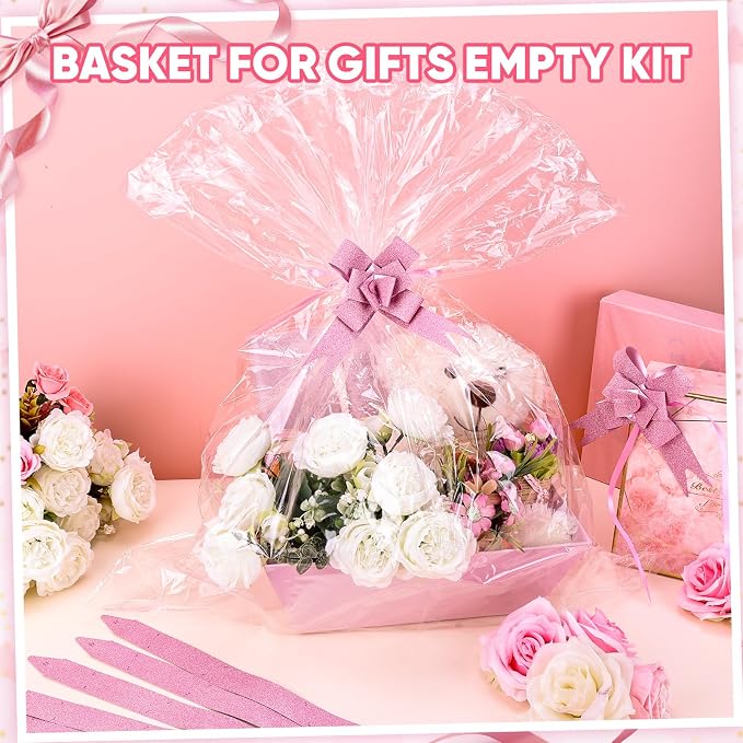 AFOROEOA 10PACK Pink Baskets For Gifts Empty, 10x12” Thick Gift Basket with 10 Bows 10 Bags Empty Gift Baskets for Christmas, Valentine’s Day, Easter, Birthdays, Valentine’s Day Wrapping Gift