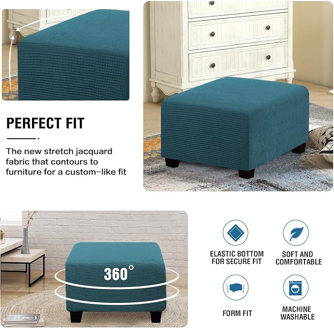 H.VERSAILTEX Square Ottoman Covers Ottoman Slipcovers Folding Storage Stool Furniture Protector Form Fit with Elastic Bottom, Stretch High Spandex Small Checks Jacquard Fabric(Large,Deep Teal)