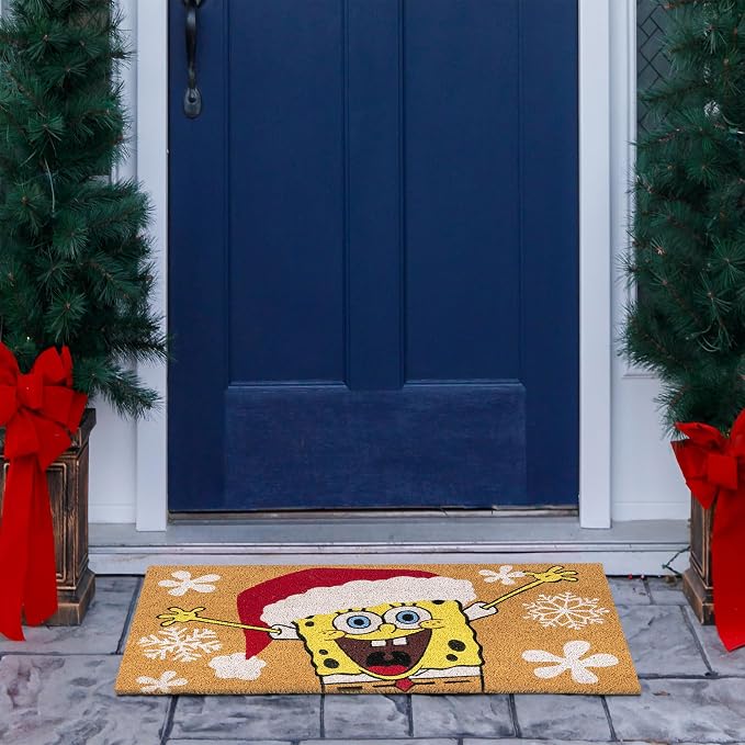 Gertmenian Spongebob Squarepants Coir Doormat - 2x3 Welcome Mat (2-Pack), Ideal for High Traffic Areas in Front Door, Garage, Entryway - Spongebob Santa/Ho Ho Ho, 80011