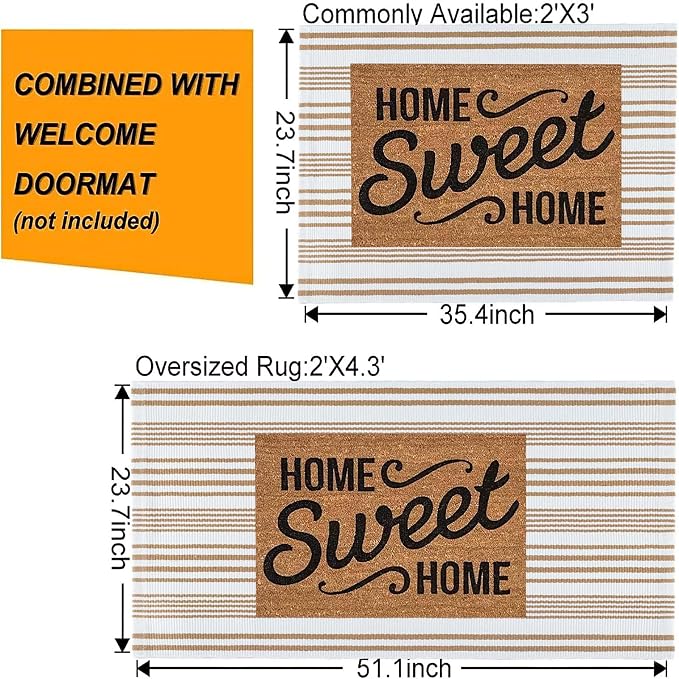 Khaki and White Striped Outdoor Rug 24'' x 51'' Front Porch Rug Hand-Woven Machine Washable Indoor/Layered Door Mats for Entryway/Bedroom