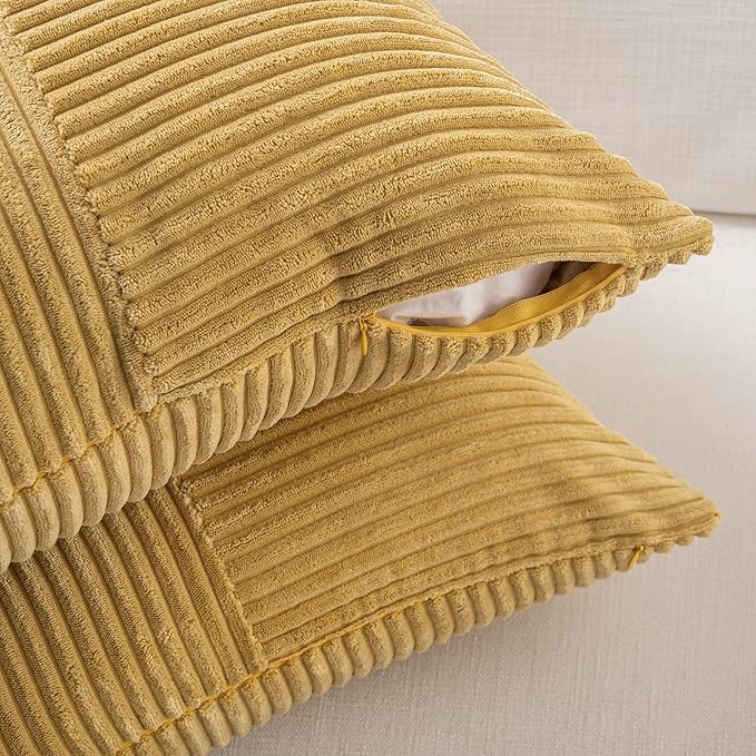 Fancy Homi 2 Packs Mustard Yellow Samll Decorative Throw Pillow Covers 14x14 Inch with for Couch Bed Sofa, Rustic Farmhouse Boho Home Decor, Soft Corss Patchwork Corduroy Square Cushion Case 35x35 cm