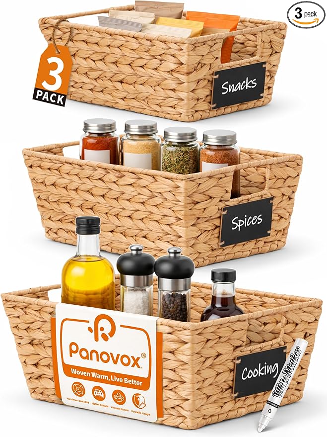 Pantry Baskets, 3 Pack Wicker Storage Baskets for Shelves, Natural | Water Hyacinth Baskets for Organizing, 3-Size Pantry Bins with Chalkboard and Marker for Shelf, Snack, Kitchen, Bathroom