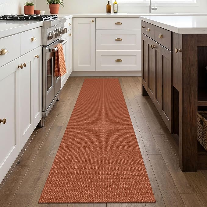 IOHOUZE Washable Runner Rug 2x8 Non Slip Rubber Backed Hallway Runner Entryway Runner Indoor, Kitchen Rugs Woven Cotton Floor Carpet for Kitchen Hall Entrance Bedroom, Burnt Orange/Tan