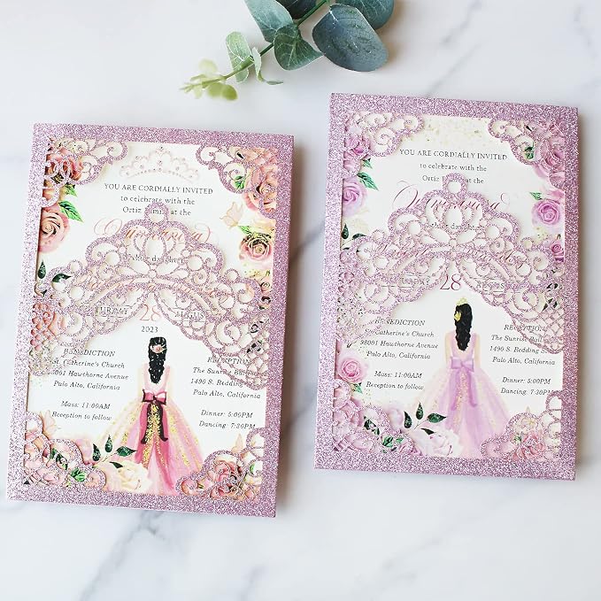 Hosmsua 50PCS Personalized Purple Glitter Quinceanera Invitations Kit 5.1x7.3 Inch Laser Cut Floral Crown Pocket Quinceanera Invitation Cards with Envelopes for Birthday Quince Invitation