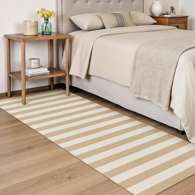 Rugalia Washable Woven Indoor Outdoor Runner Rug 2x6, Natural Beige Striped Cotton Rug Runners for Hallway Non-Slip Long Kitchen Mat, Modern Neutral Throw Runner Carpet for Entry Porch Patio