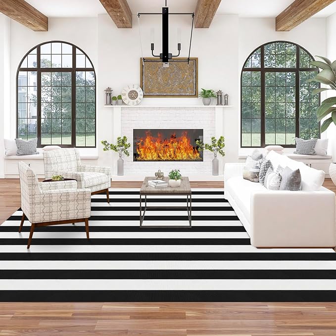Black and White Striped Rug 6x9 Feet Cotton Woven Rug Reversible Retro Farmhouse Striped Outdoor Rug Washable Indoor Outdoor Area Rug for Living Room Bedroom Dining Room Home Decor Carpets