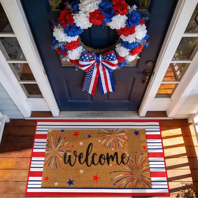Moucuny 2 Pcs 4th of July Coir Door Mat Outdoor, Patriotic Non-Slip Decor