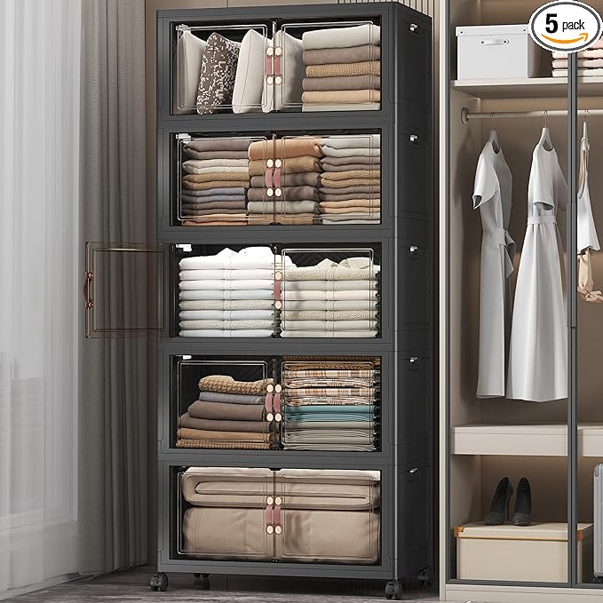 UAMFURI Stackable Storage Bins, 560QT Collapsible Drawers with 1 Lid | Large Capacity, Magnetic Door, Stack Lock, Rolling Wheels, Foldable Design, Organizers and Storage for Bedroom Dorm Garage